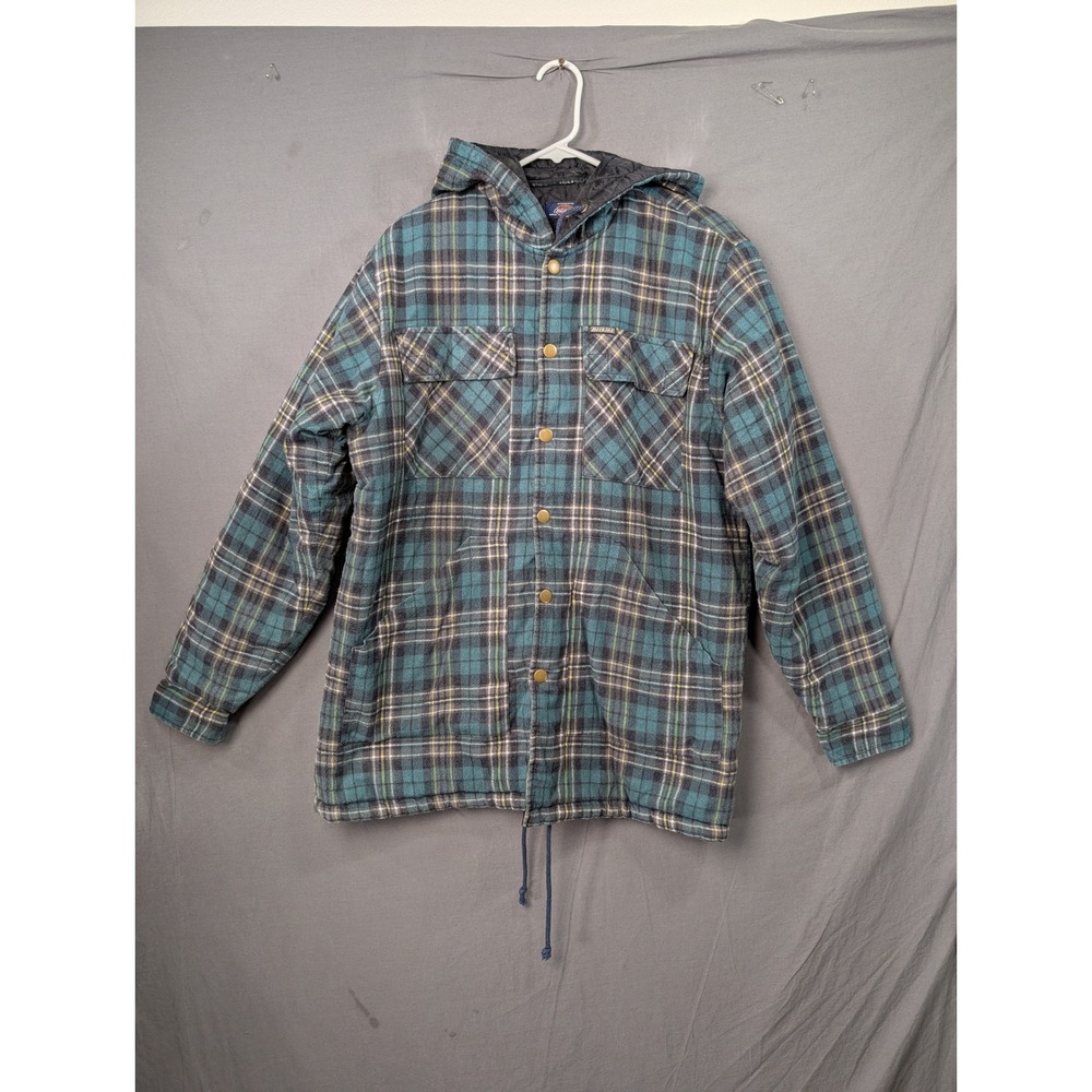 Dickies Mens Plaid Quilted Lined Hooded Flannel Shirt Jacket Green Medium